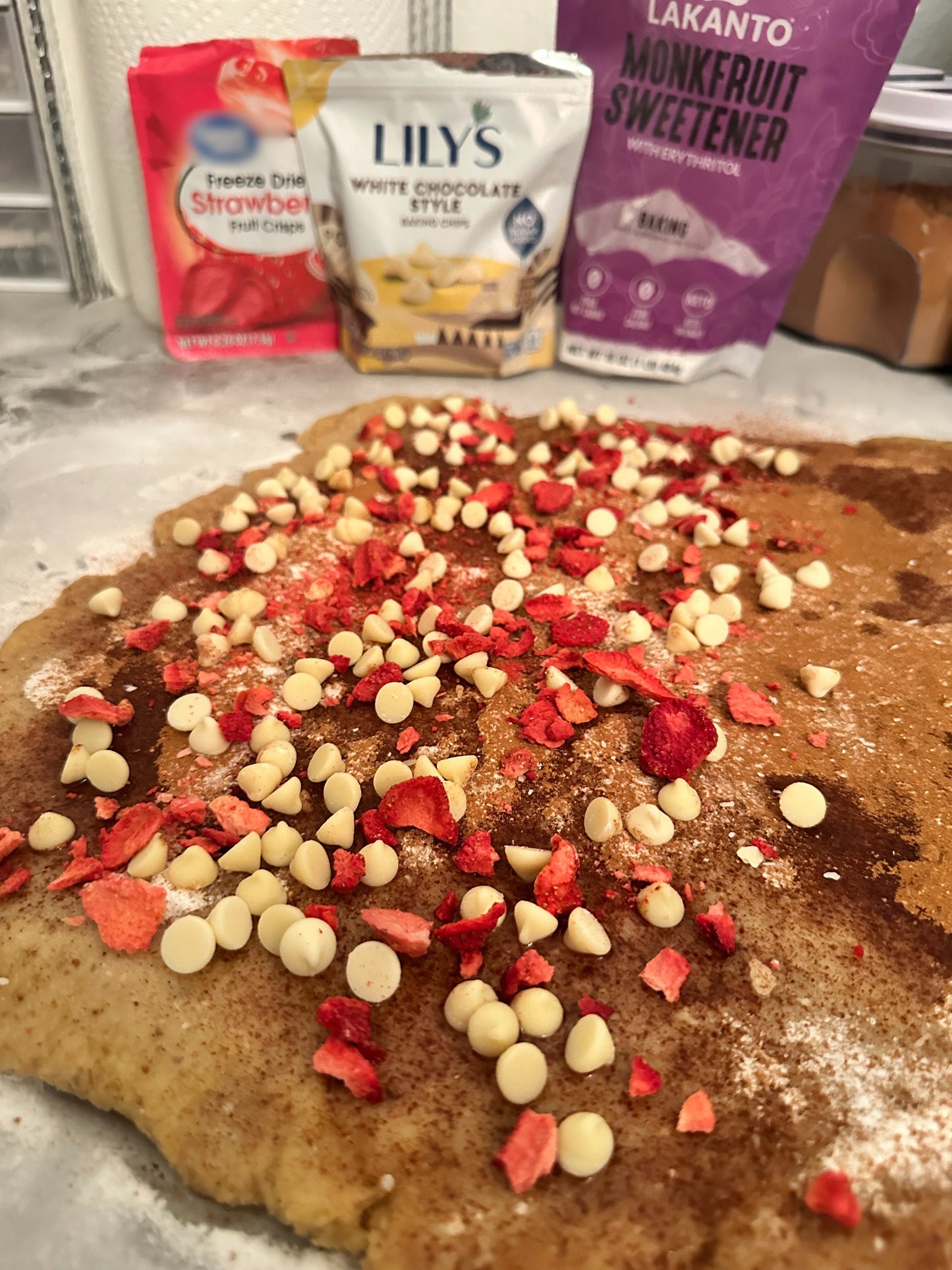 Keto White Chocolate Strawberry Cinnamon Rolls - Giant Keto Cinnamon Roll - Gluten Free, Sugar Free, Low Carb & Keto Approved