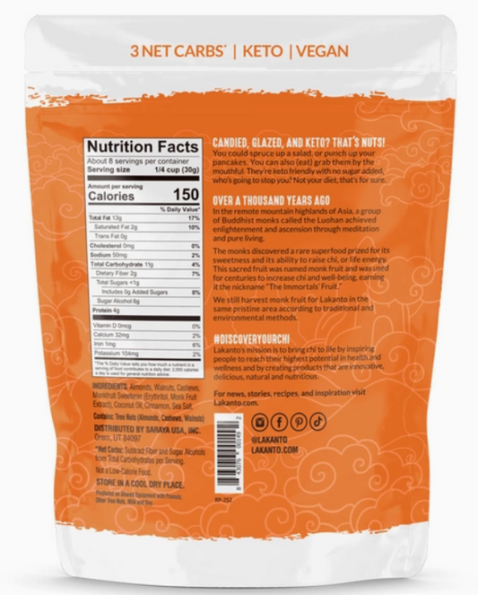 Lakanto - Keto Candied Nuts (Cinnamon Glazed) - Vegan, Gluten Free, Sugar Free, Low Carb (8 oz)