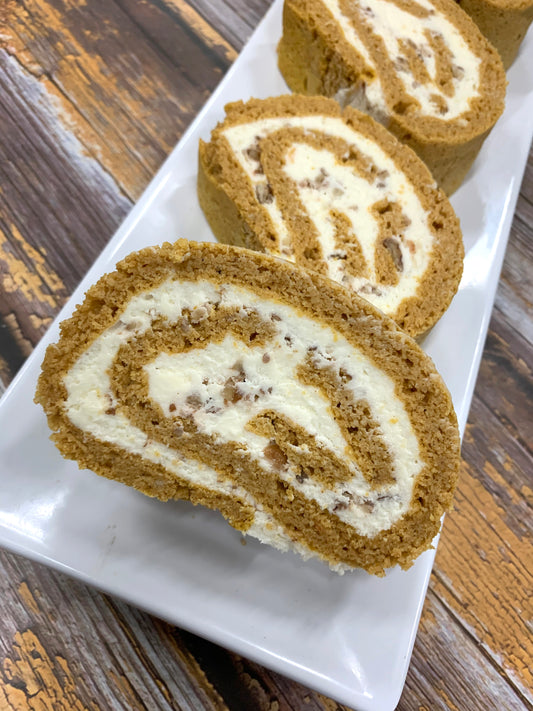 Carb Smart Pumpkin Swiss Roll - Pumpkin & Pecan Cream Cheese Cake - Gluten Free, Sugar Free, Keto & Diabetic Friendly