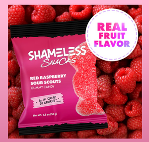 Shameless Snacks - Red Raspberry Sour Scout Gummies  (1.8 oz) - Gummy Candy - VEGAN, Gluten Free, Sugar Free, Low Carb & Keto Approved
