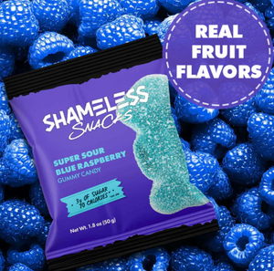 Shameless Snacks - Super Sour Blue Raspberry Gummies (1.8 oz) - Gummy Candy - VEGAN, Gluten Free, Sugar Free, Low Carb & Keto Approved