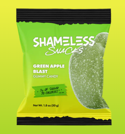 Shameless Snacks - Green Apple Blast Gummies (1.8 oz) - Gummy Candy - VEGAN, Gluten Free, Sugar Free, Low Carb & Keto Approved