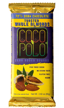Load image into Gallery viewer, Coco Polo Chocolate - 70% Cocoa Dark Chocolate Bar with Whole Almonds - Gluten Free, Sugar Free, Keto Approved Dark Chocolate Bar
