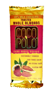 Coco Polo Chocolate - 39% Pure Milk Chocolate Bar with Whole Almonds - Gluten Free, Sugar Free, Keto Approved Chocolate Bar