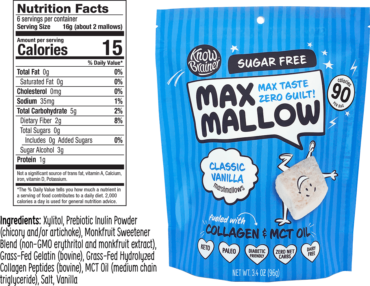 Max Mallow - Classic Vanilla, Keto Marshmallow & Collagen by Know Brainer Foods - Sugar Free Marshmallow Bites